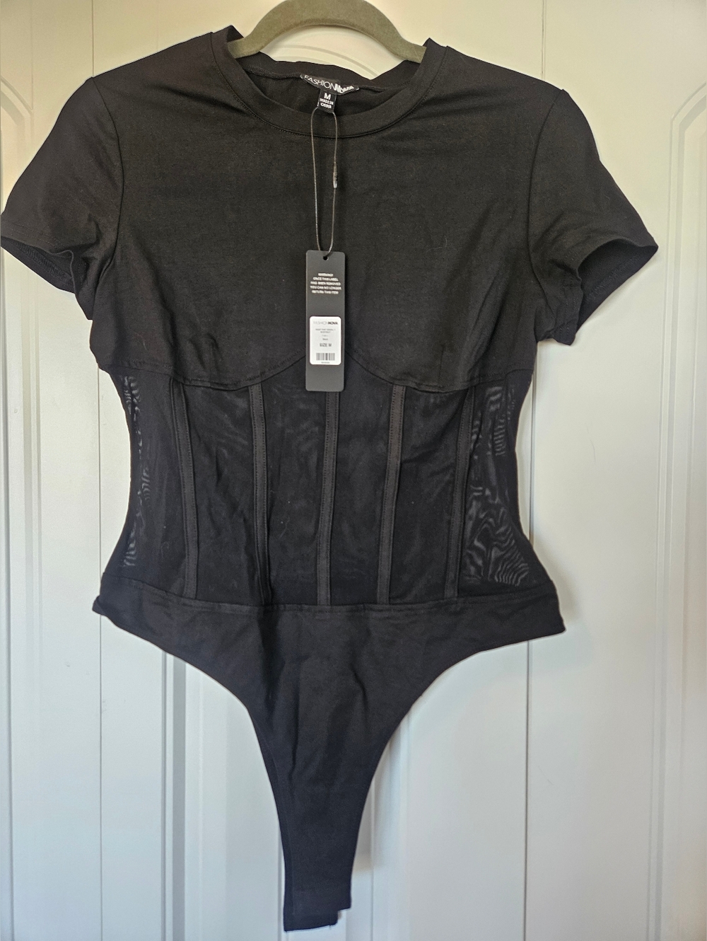 Black Mesh Corset Bodysuit with Short Sleeves Size Medium